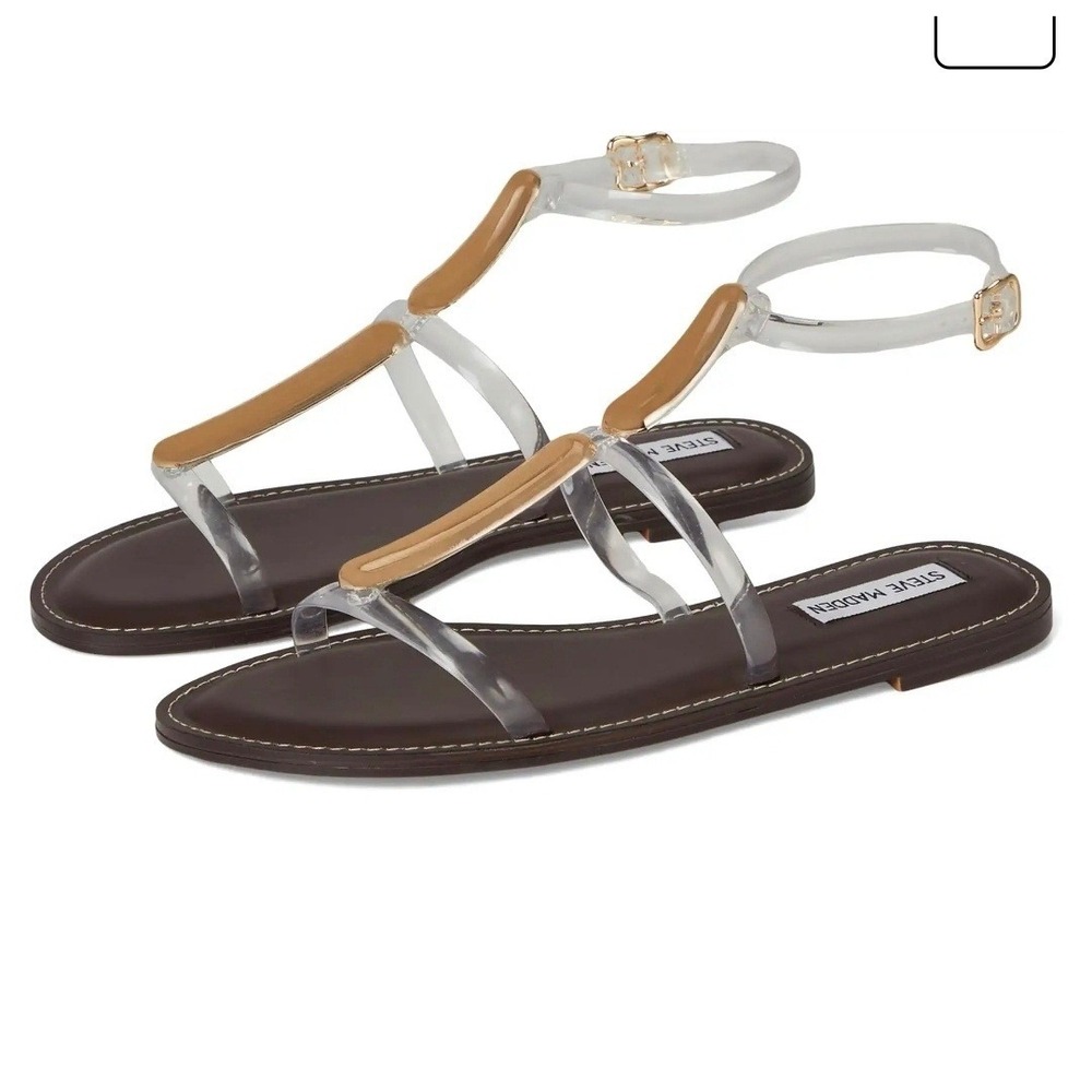Steve Madden Alma Jewelry Embellished Gladiator Sandals Clear Gold Brown‎ 8M